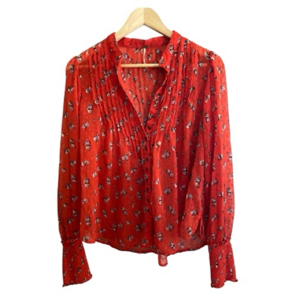 Free People Flowers In December Top SMALL Red Floral Smocked Sleeve Sheer Blouse
